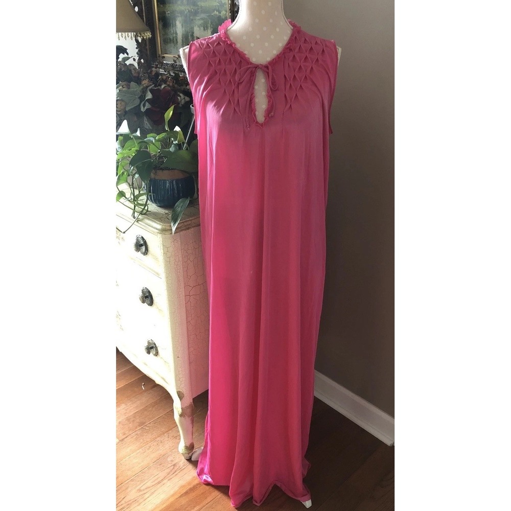 Vintage Sexy Nylon Nightgown Hot Pink Nylon & Lace Long USA Women's Medium